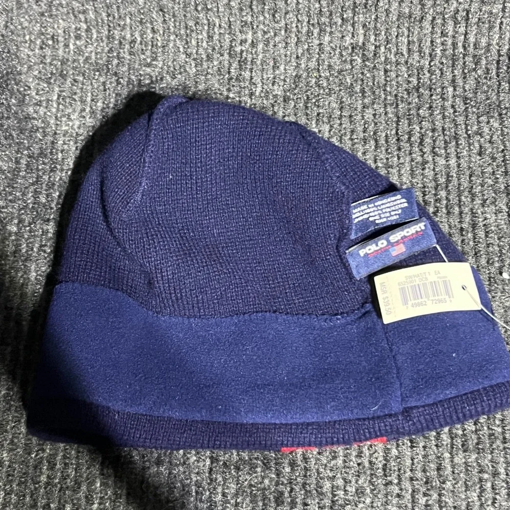 Vintage Polo Sport Beanie Mens OS Navy Red Racing Stripe Lambswool Knit Hat NWT